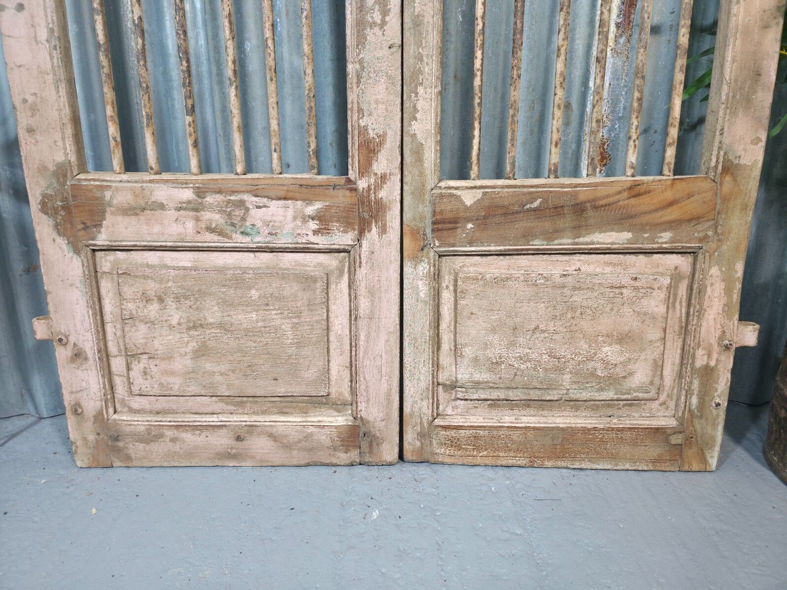 Pair Vintage Rustic Indian Wooden Iron Doors Garden Gates Room Divider Screen photo for sale