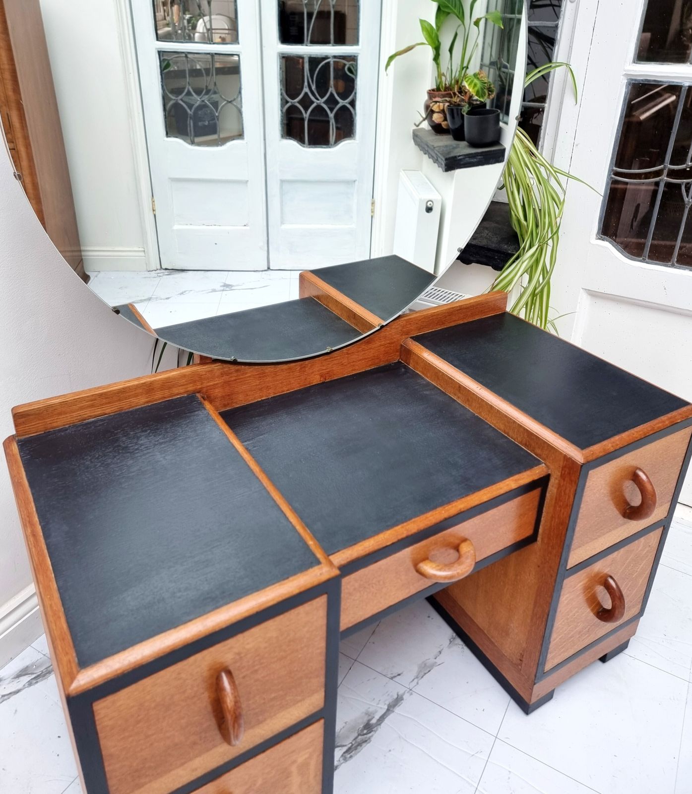 photo for sale Art Deco Golden Oak / Black Kneehole Dressing Table With Glasstop 1930s