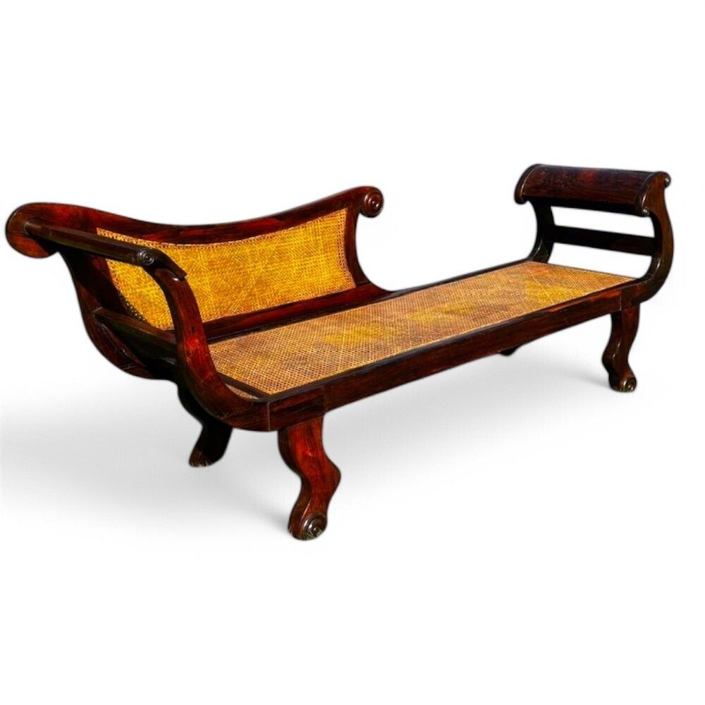 19th Century Solid Rio Rosewood Chaise Lounge With Cane Seating
