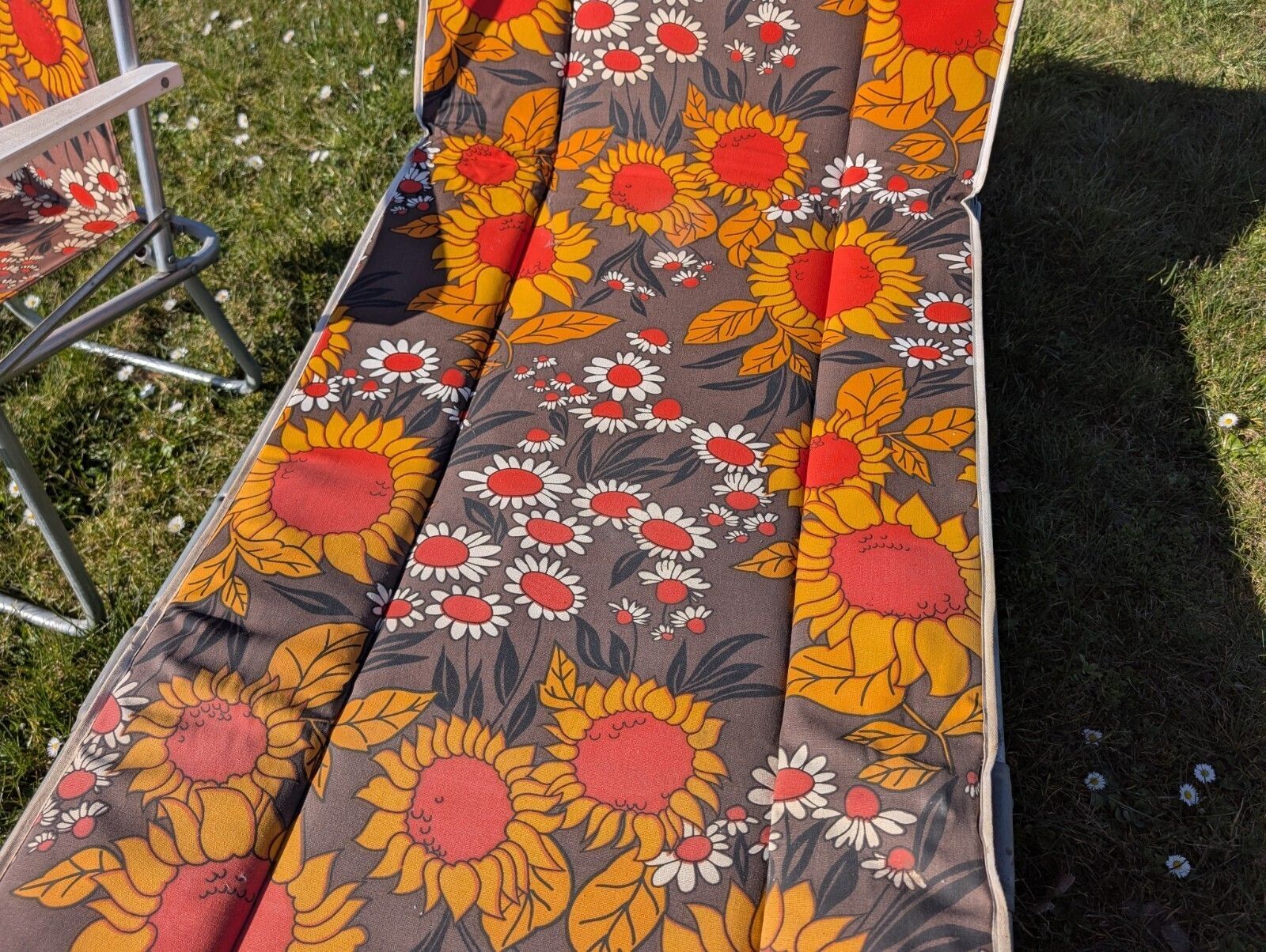Vintage Retro Flower Power Sun Lounger & Chair Set Orange Floral Print 1970s. photo buy
