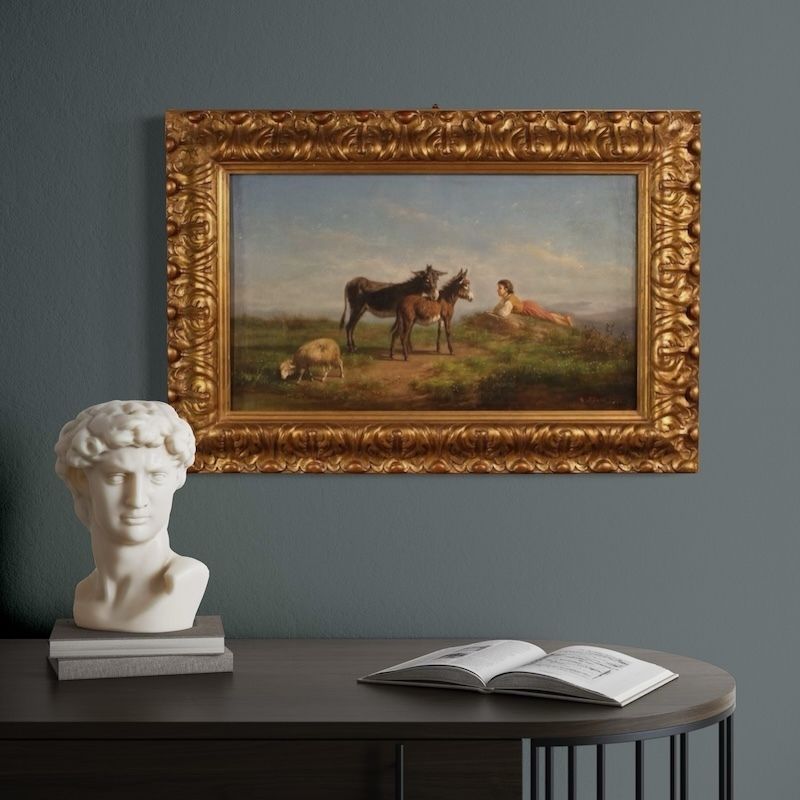 Art 19th Century Italian Signed Bucolic Landscape Painting photo
