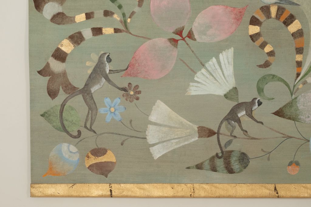 Painted Canvas Decorated With Lemurs, Birds, And Flowers. Contemporary. photo for sale