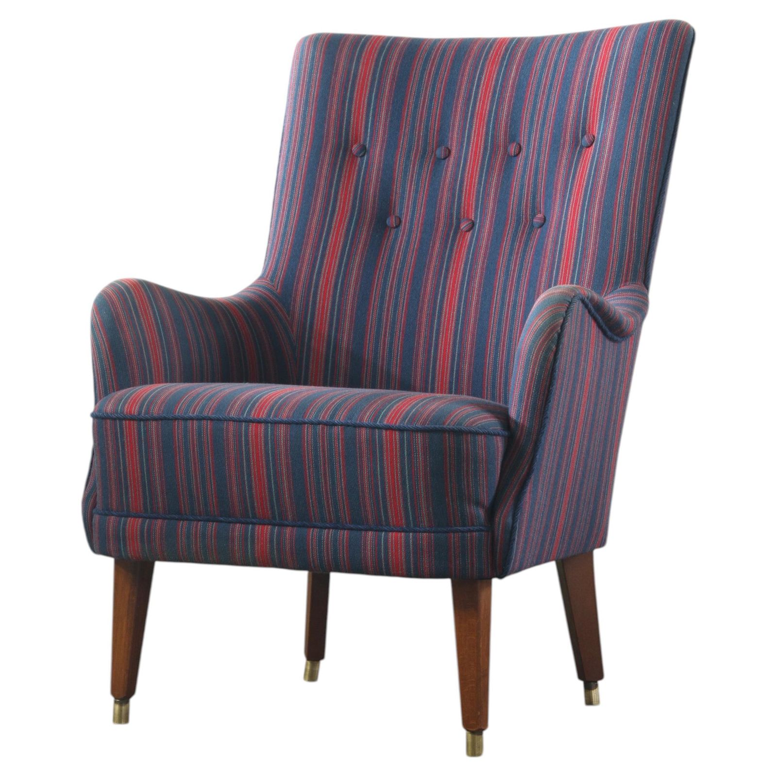 Vintage Mid Century Modern Wingback Armchair In Striped Upholstery, 1950s  1