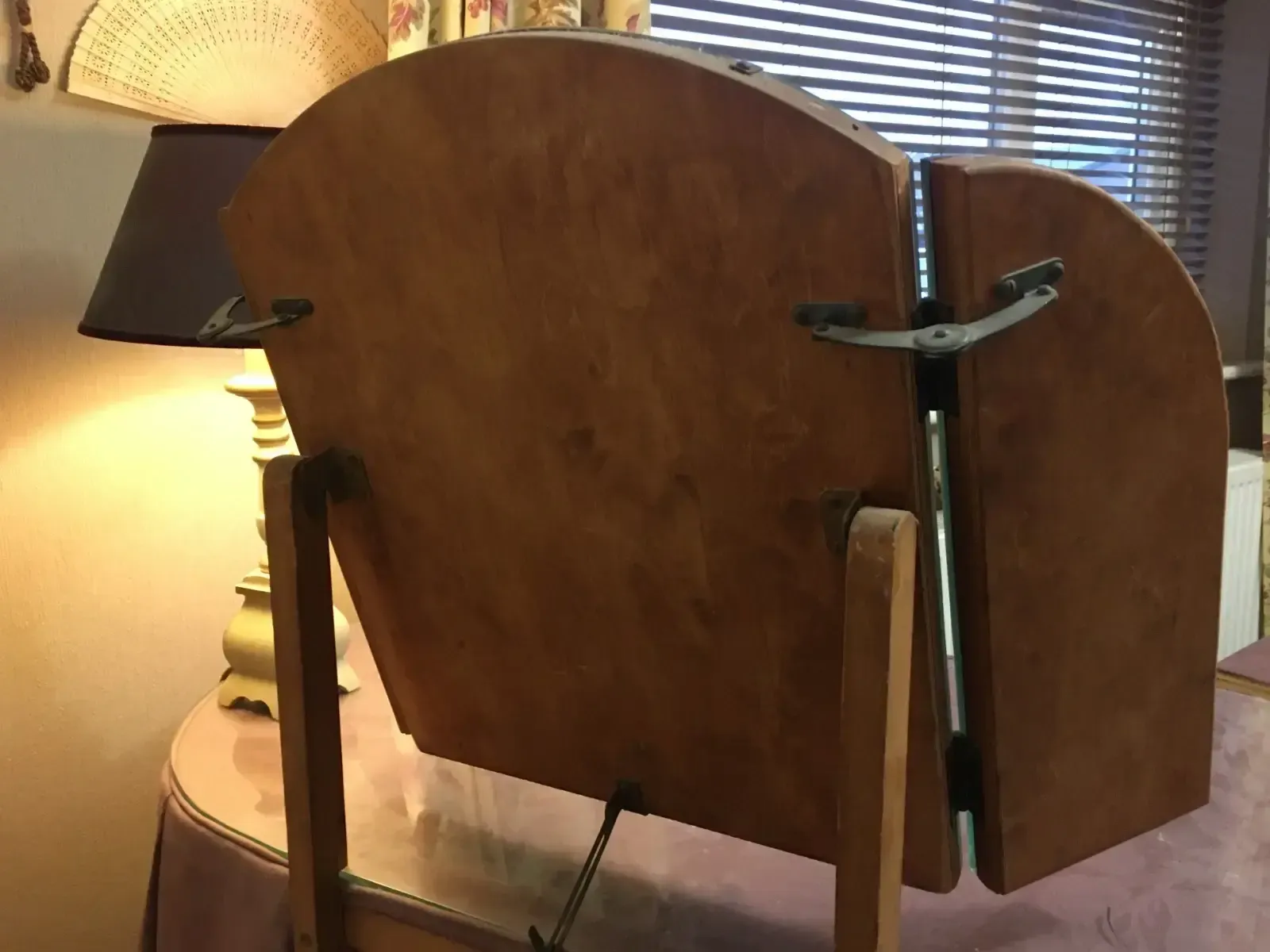 photo for sale 1930's Kidney Shaped Skirted Dressing Table W Trifold Mirror, Glass Top & Stool