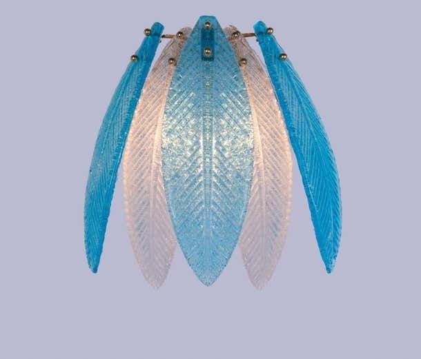 Murano Palmette Wall Sconce Aquamarine Glass & Brass By Barovier, Italy 1960s photo for sale