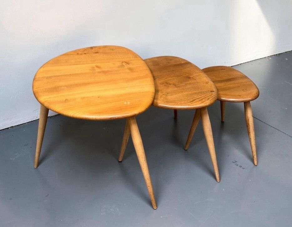 Ercol Solid Elm And Beech Blonde Nest Of Tables Pebble Nest Superior Quality photo buy