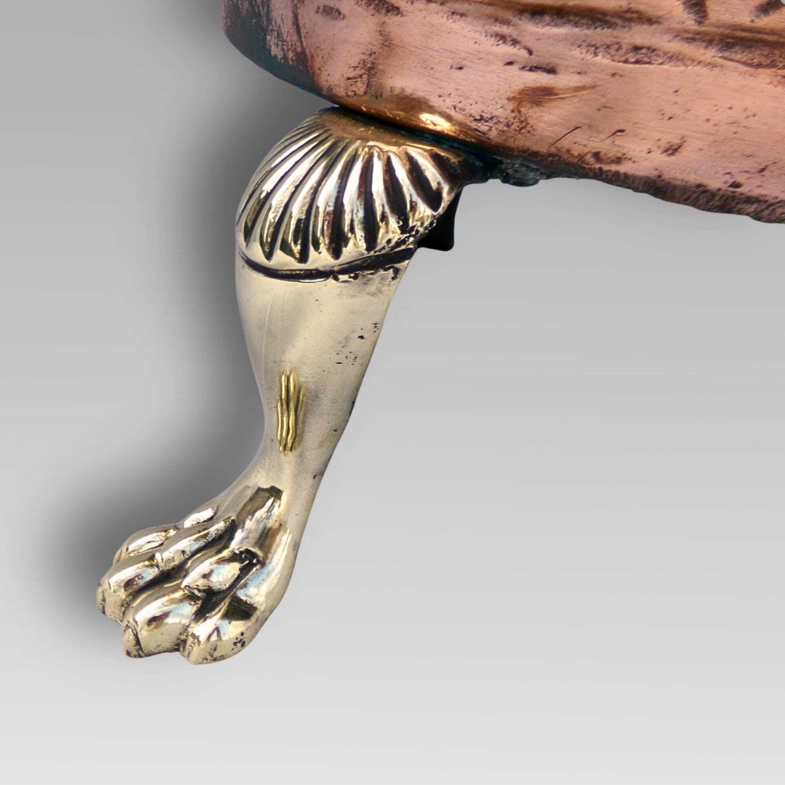 Exceptional Antique 19th Century Copper Riveted Brass Claw Feet Log Bucket, Coal photo for sale