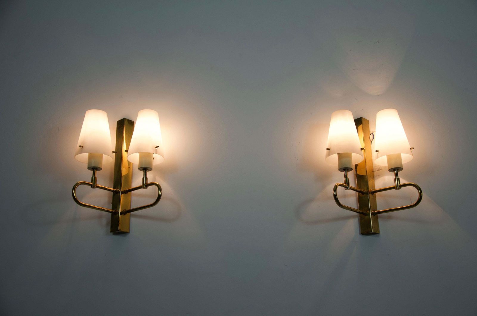 Pair Of Brass And Opaline Wall Lamps, Italy, 1960s photo for sale