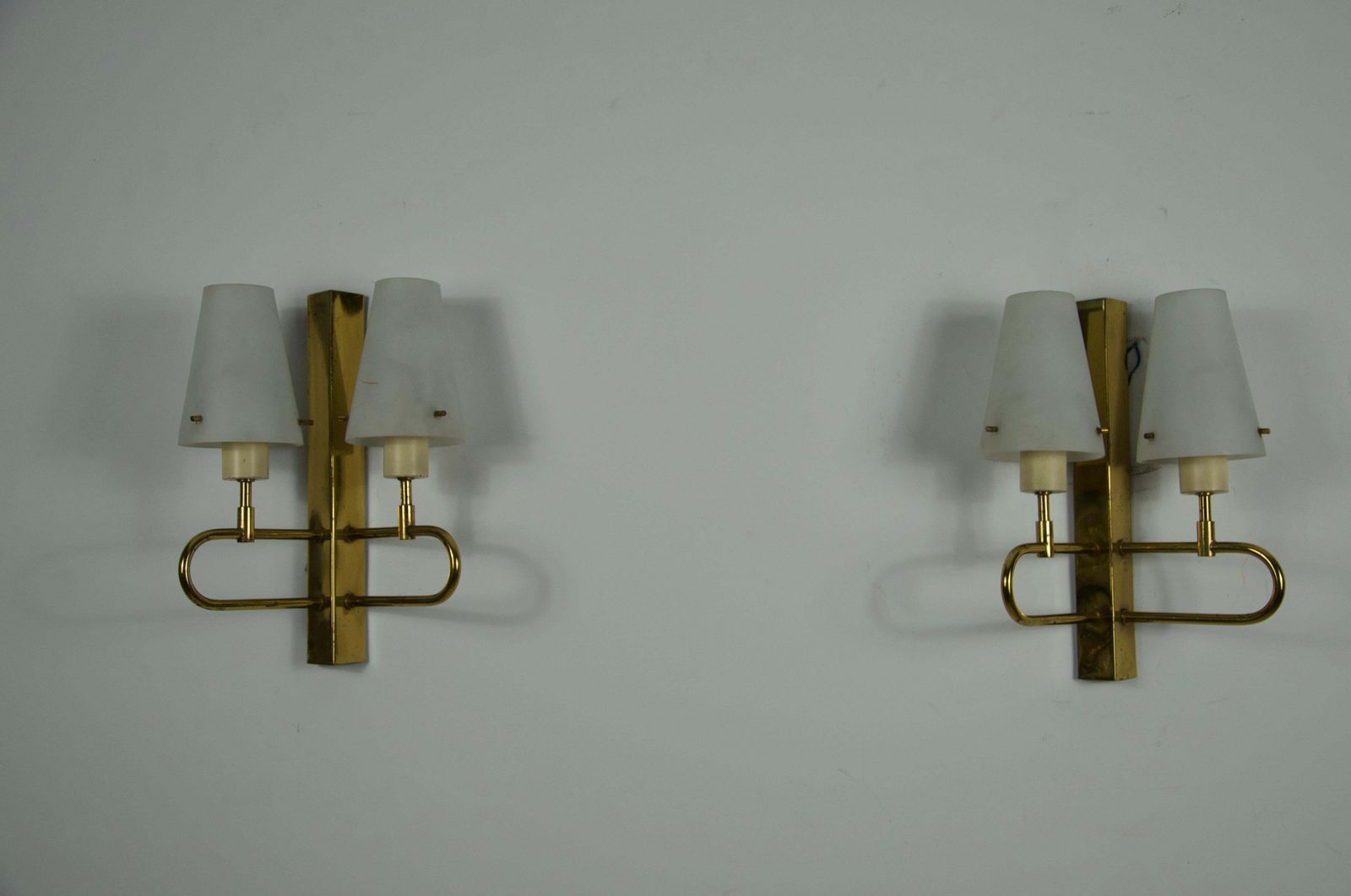 Pair Of Brass And Opaline Wall Lamps, Italy, 1960s photo vinterior