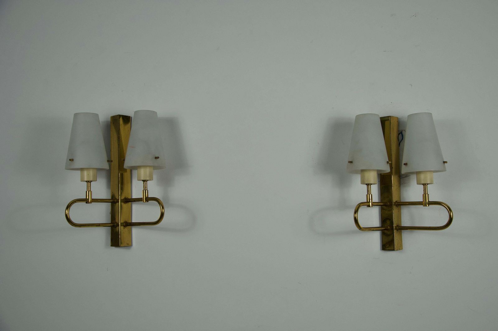 Pair Of Brass And Opaline Wall Lamps, Italy, 1960s photo buy