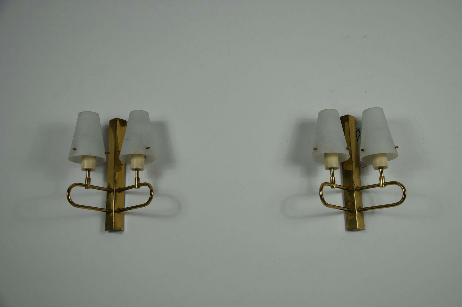 Pair Of Brass And Opaline Wall Lamps, Italy, 1960s photo vintage