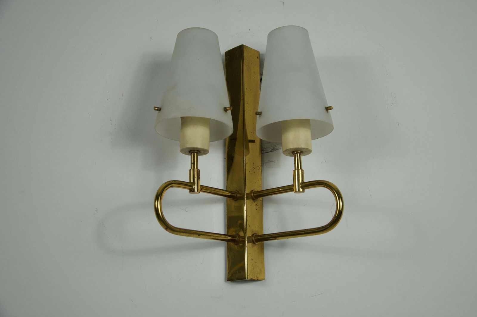 photo for sale Pair Of Brass And Opaline Wall Lamps, Italy, 1960s
