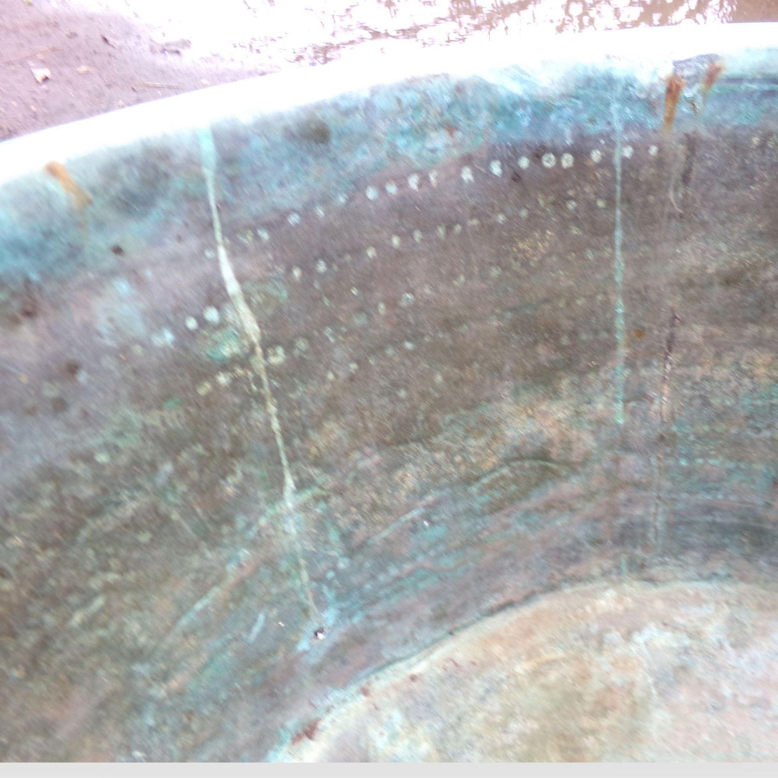 Huge Original Antique Hammered Copper Garden Planter On Wrought Iron Stand W/ Verdigris, Handle & Rivets photo buy