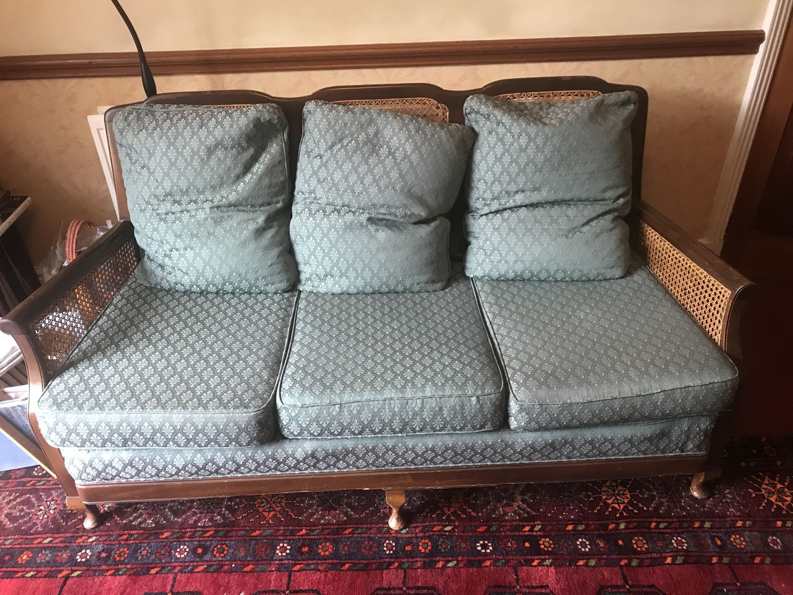 Bergere Sofa And Two Arm Chairs In Need Of Some Restoration.