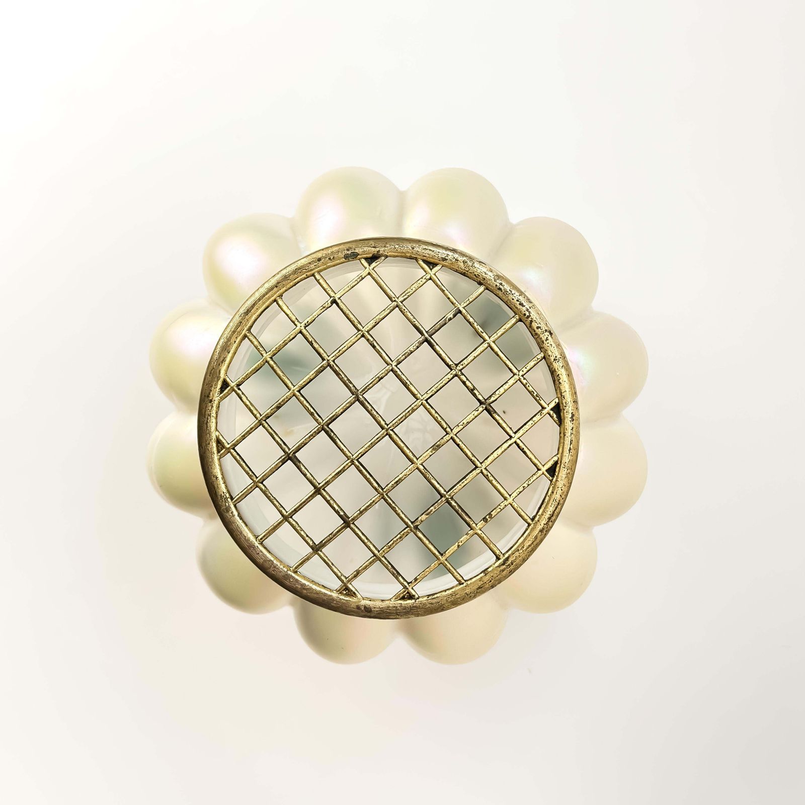 Art Nouveau Pearlescent Glass Rose Bowl Vase By Kralik With Brass Frog, Bohemia photo vintage