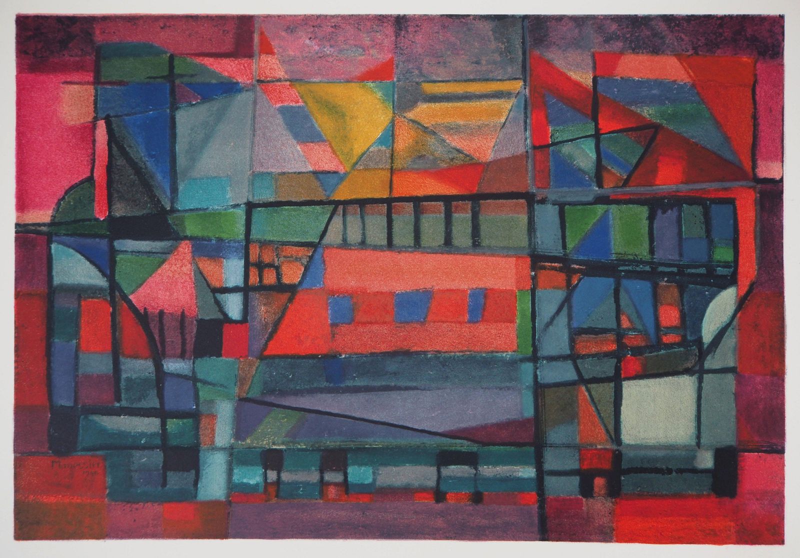 Alfred Manessier Construction Of The Bridge In Red   Lithograph, Mourlot 1972 photo for sale