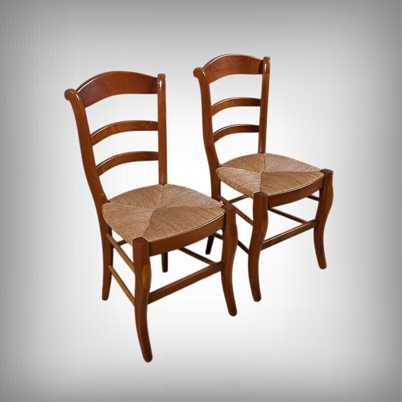 Pair Of Cherrywood Straw Seated Chairs, Restoration Style – Mid 20th Century