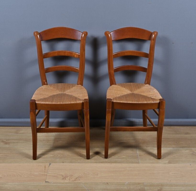 Pair Of Cherrywood Straw Seated Chairs, Restoration Style – Mid 20th Century photo for sale