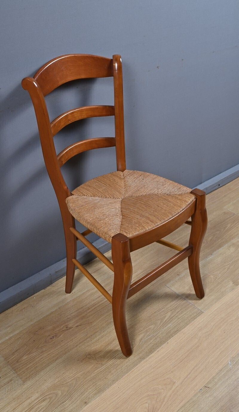 photo for sale Pair Of Cherrywood Straw Seated Chairs, Restoration Style – Mid 20th Century