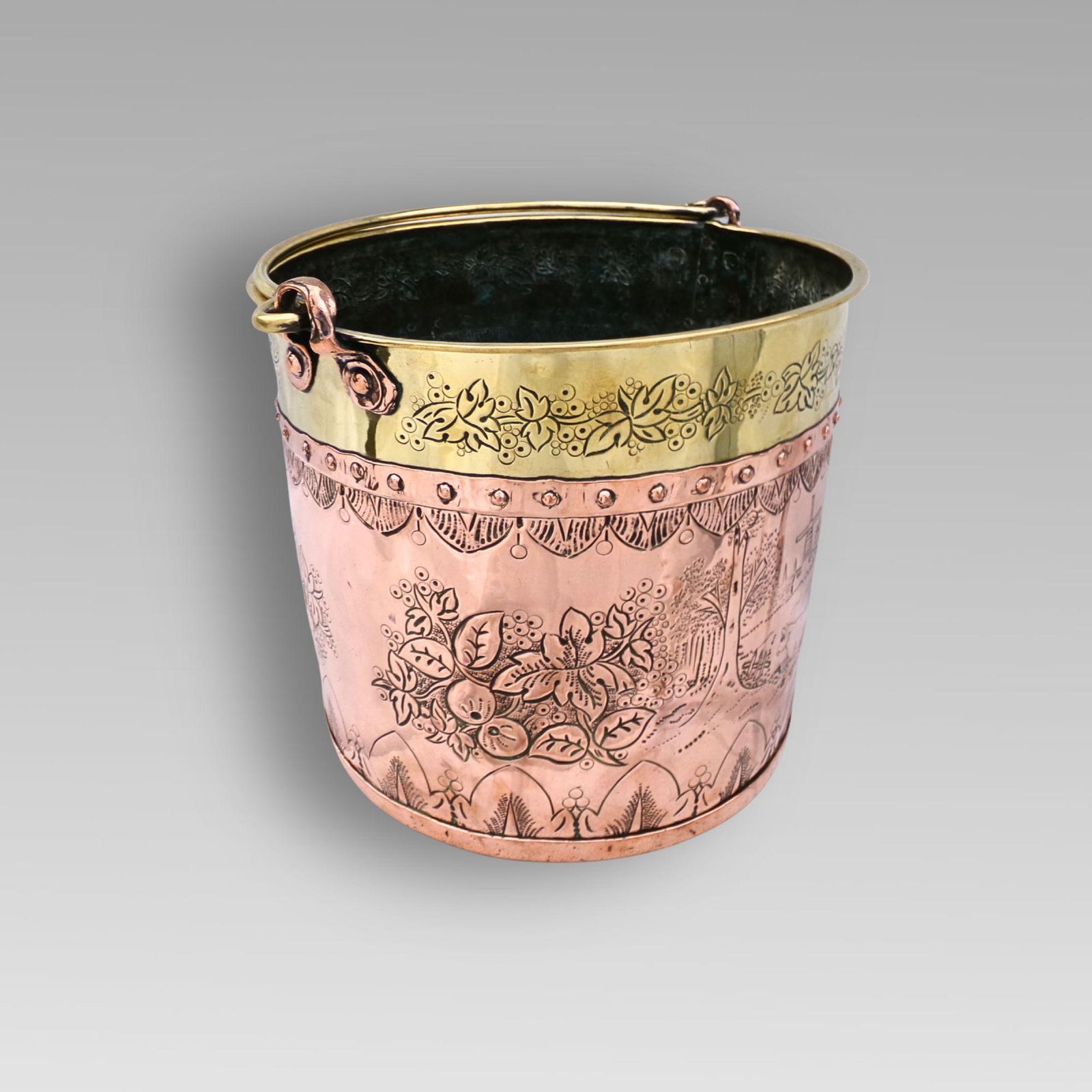 Unusual Antique 19th Century Arts And Crafts Continental Dutch Riveted Copper & Brass Coal Fireplace Log Bucket With Handle photo furniture