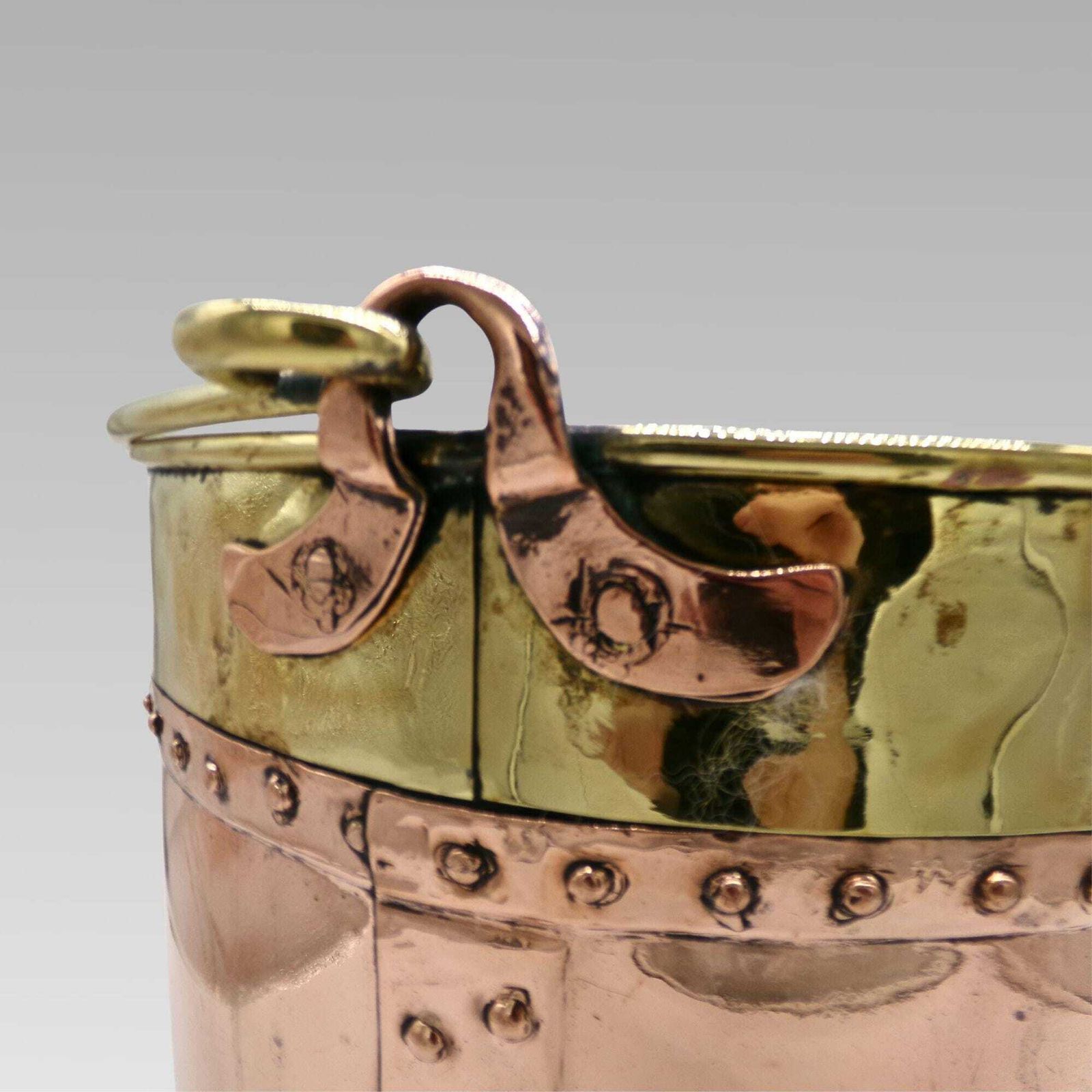 Quality Large Antique Riveted Polished Copper & Brass Coal Fireplace Log Bucket photo for sale