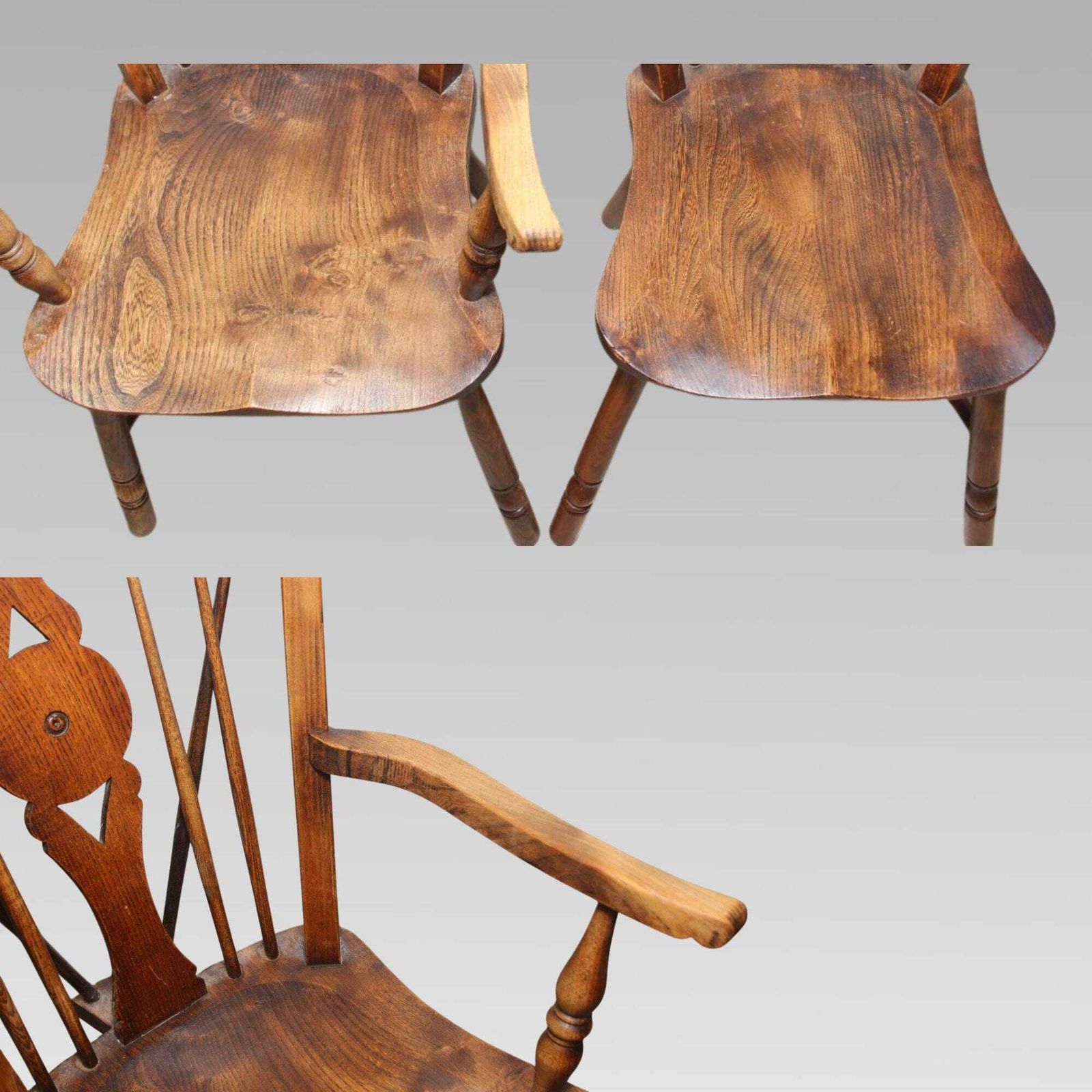Charming Unusual Pair Of Antique Elm Thames Valley Stick Back Windsor Chairs photo vinterior