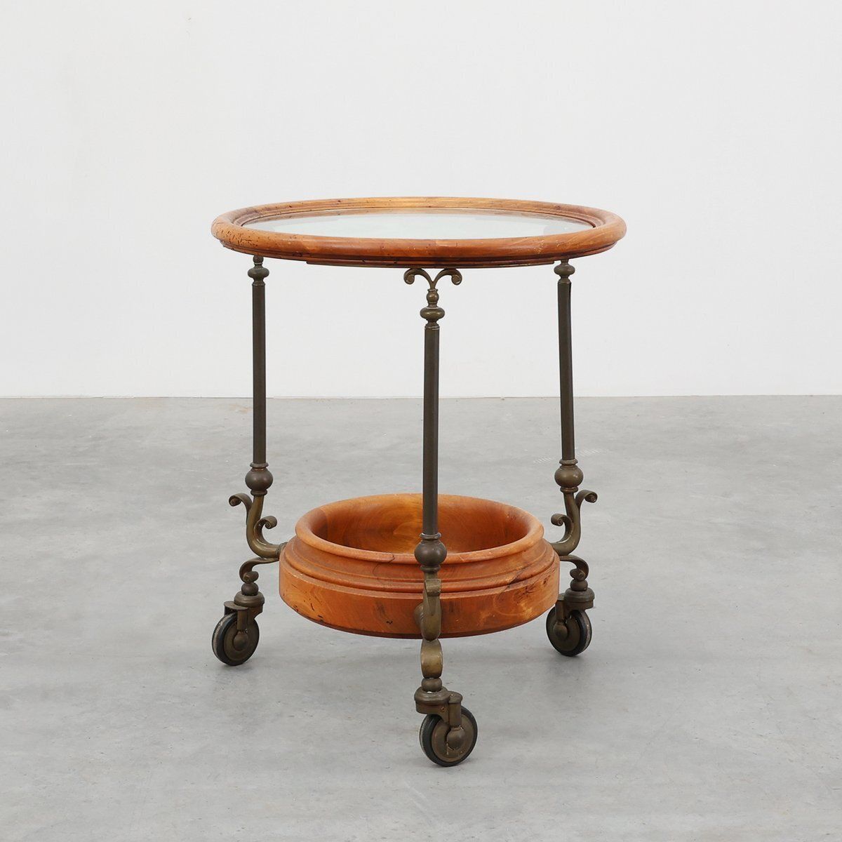 Rustic Copper And Walnut Serving Trolley With Glass Top, France, 1900s