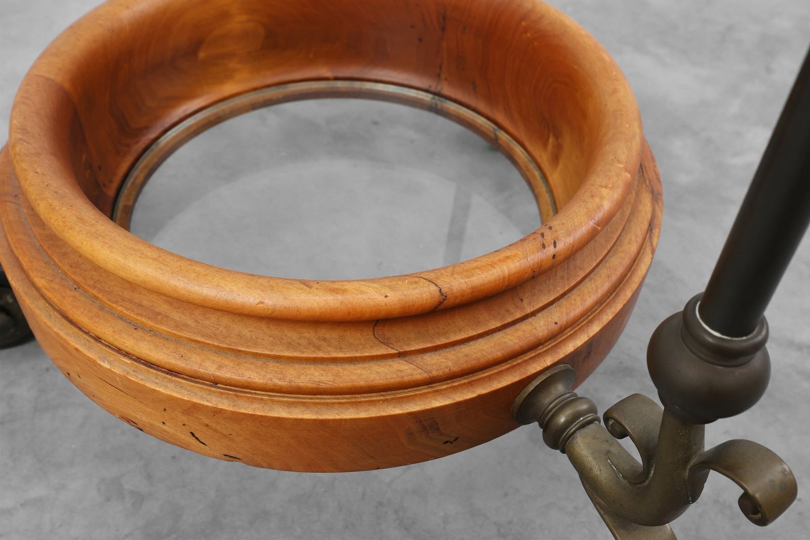 Rustic Copper And Walnut Serving Trolley With Glass Top, France, 1900s photo vinterior