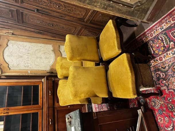 Six Of No. 4 Solid Walnut Chairs With Yellow Velvet Upholstery, Italy photo Furniture