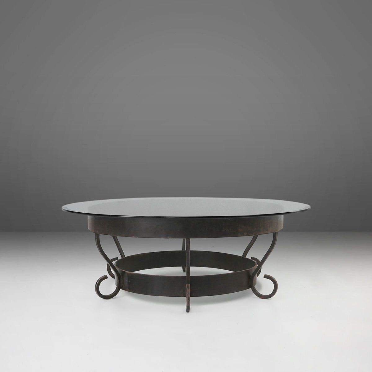 Rustic Round Coffee Table With Wrought Iron Base And Glass Top, France, 1930s photo furniture