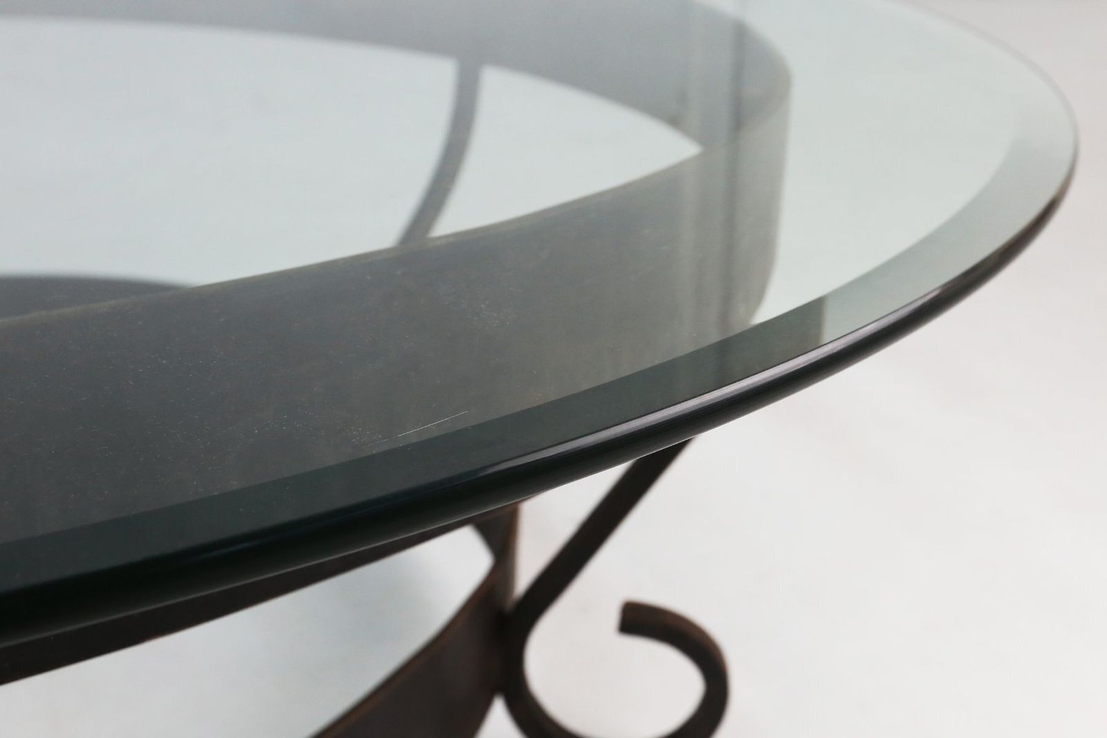 Rustic Round Coffee Table With Wrought Iron Base And Glass Top, France, 1930s photo Furniture