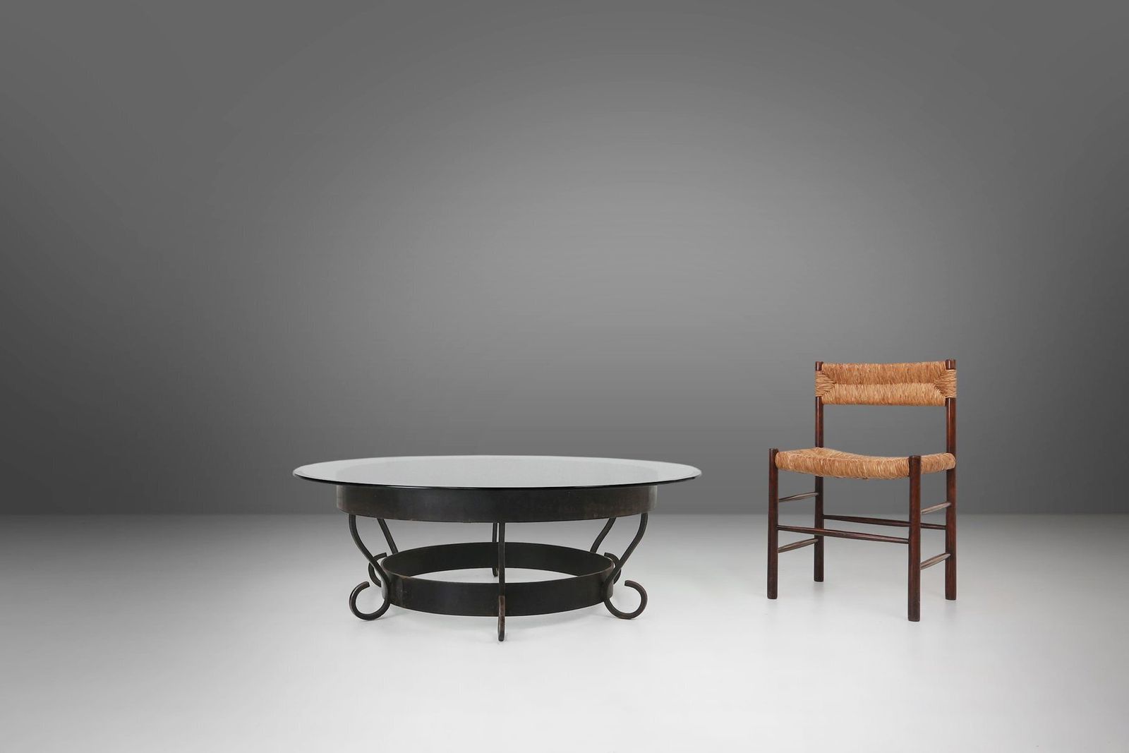 Rustic Round Coffee Table With Wrought Iron Base And Glass Top, France, 1930s photo 3129.0