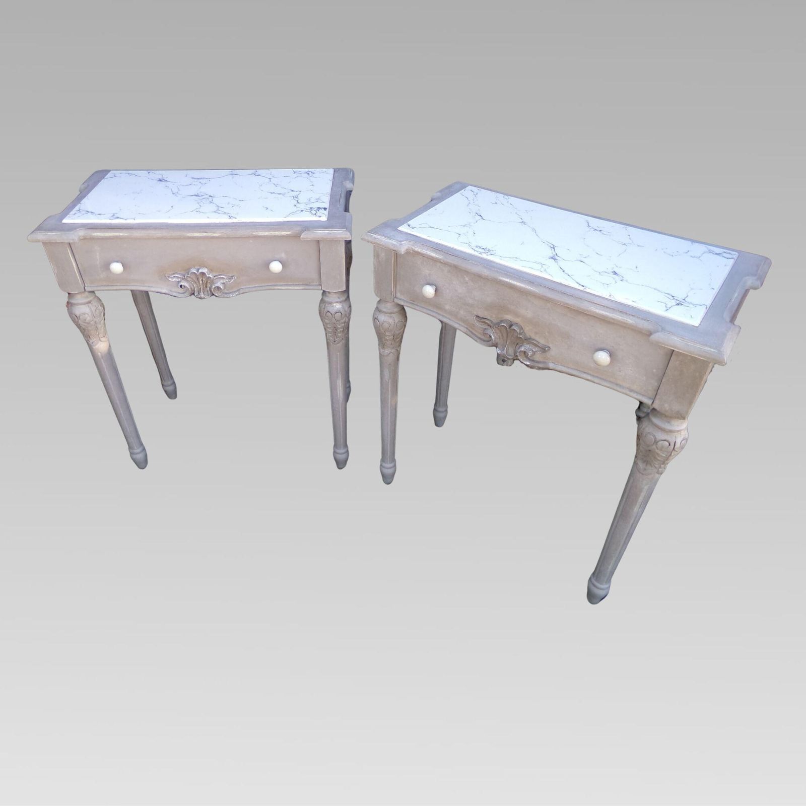 Original Quality Marble Inset Distressed Pair French Bedside Or Console Tables photo furniture