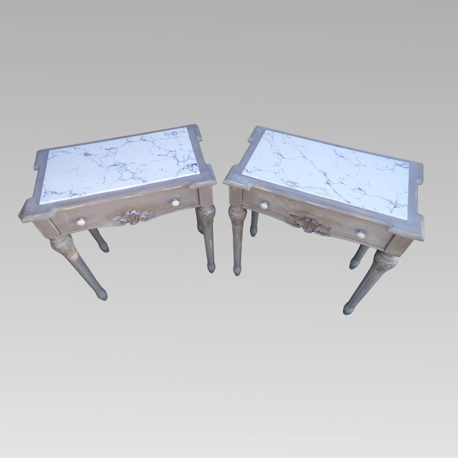 Original Quality Marble Inset Distressed Pair French Bedside Or Console Tables photo for sale