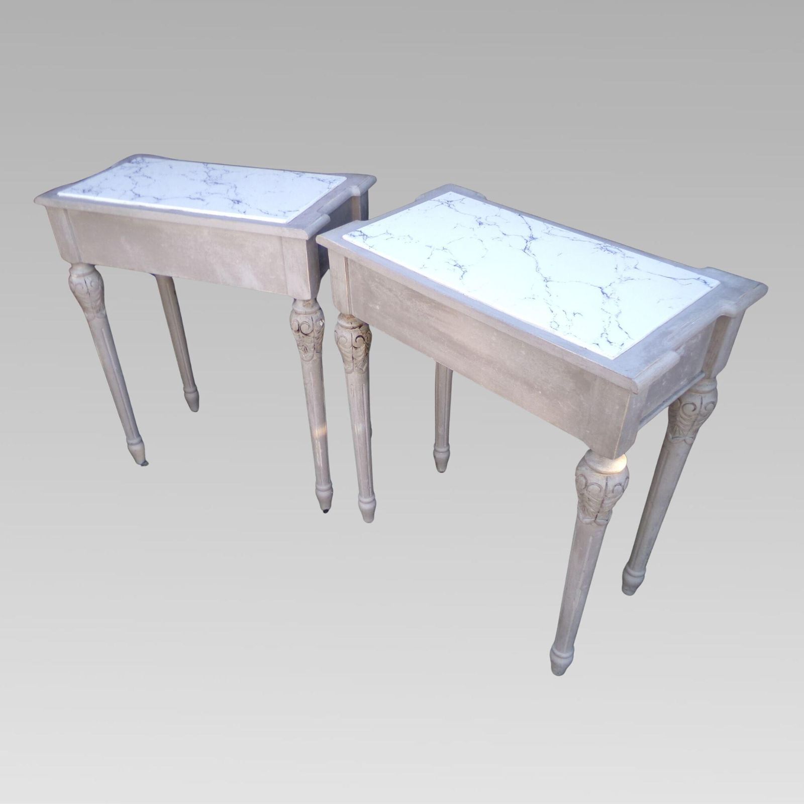 Original Quality Marble Inset Distressed Pair French Bedside Or Console Tables photo buy