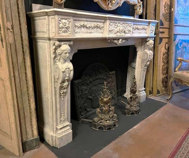 photo buy Monumental Fireplace Frame Made Of Richly Carved White Marble, Italy
