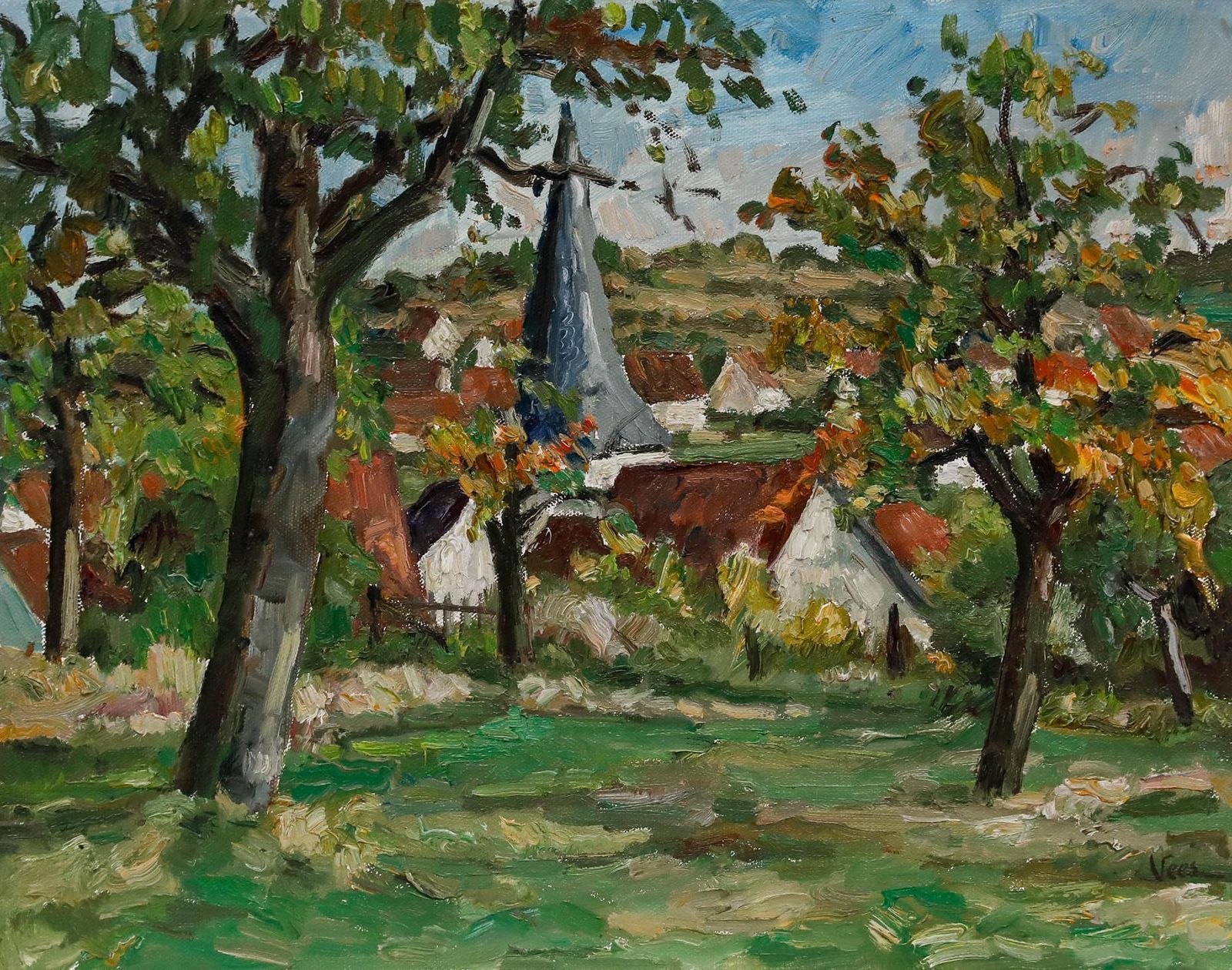 Sepp Vees (1908 1989)   Impressionist Mid 20th Century Oil, View Of Flacht photo furniture