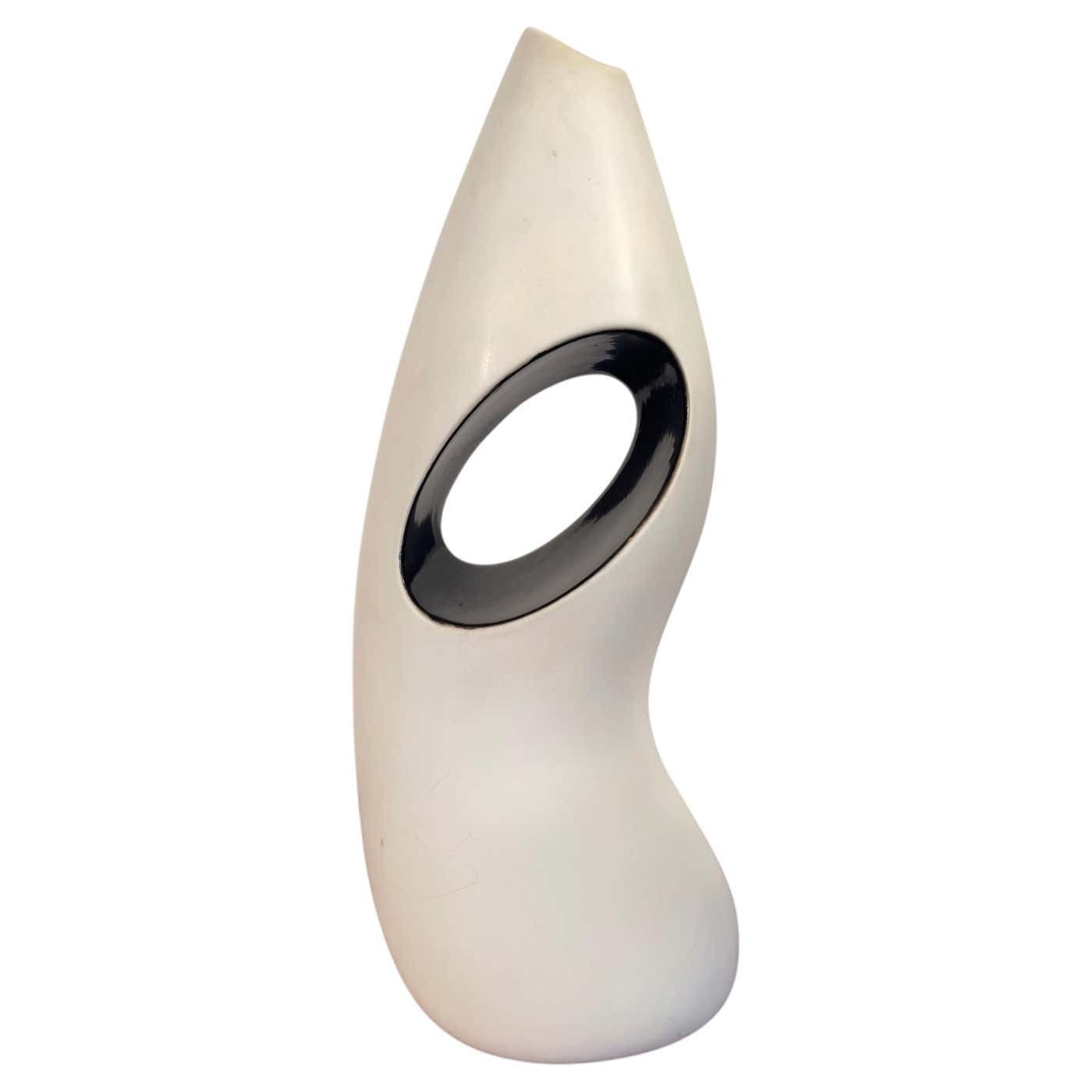 1980s White And Black Ceramic Vase With Organic Abstract Design By Fos Italy