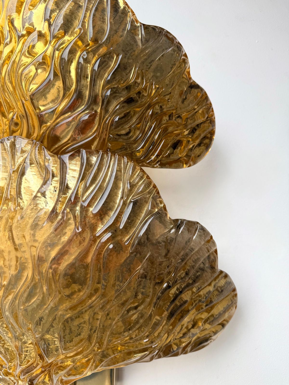 Contemporary Pair Of Brass And Gold Murano Glass Palm Sconces, Italy photo buy