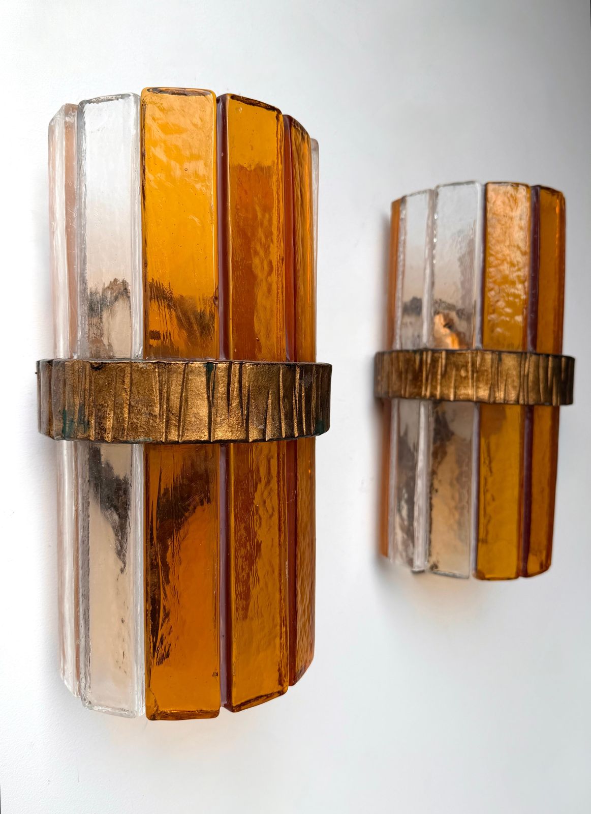Pair Of Amber Glass Hammered Wrought Iron Sconces By Longobard, Italy, 1970s photo for sale
