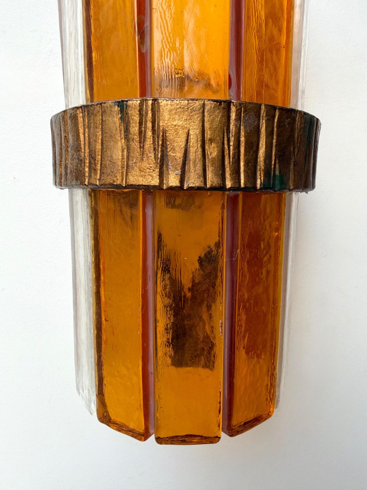 photo for sale Pair Of Amber Glass Hammered Wrought Iron Sconces By Longobard, Italy, 1970s