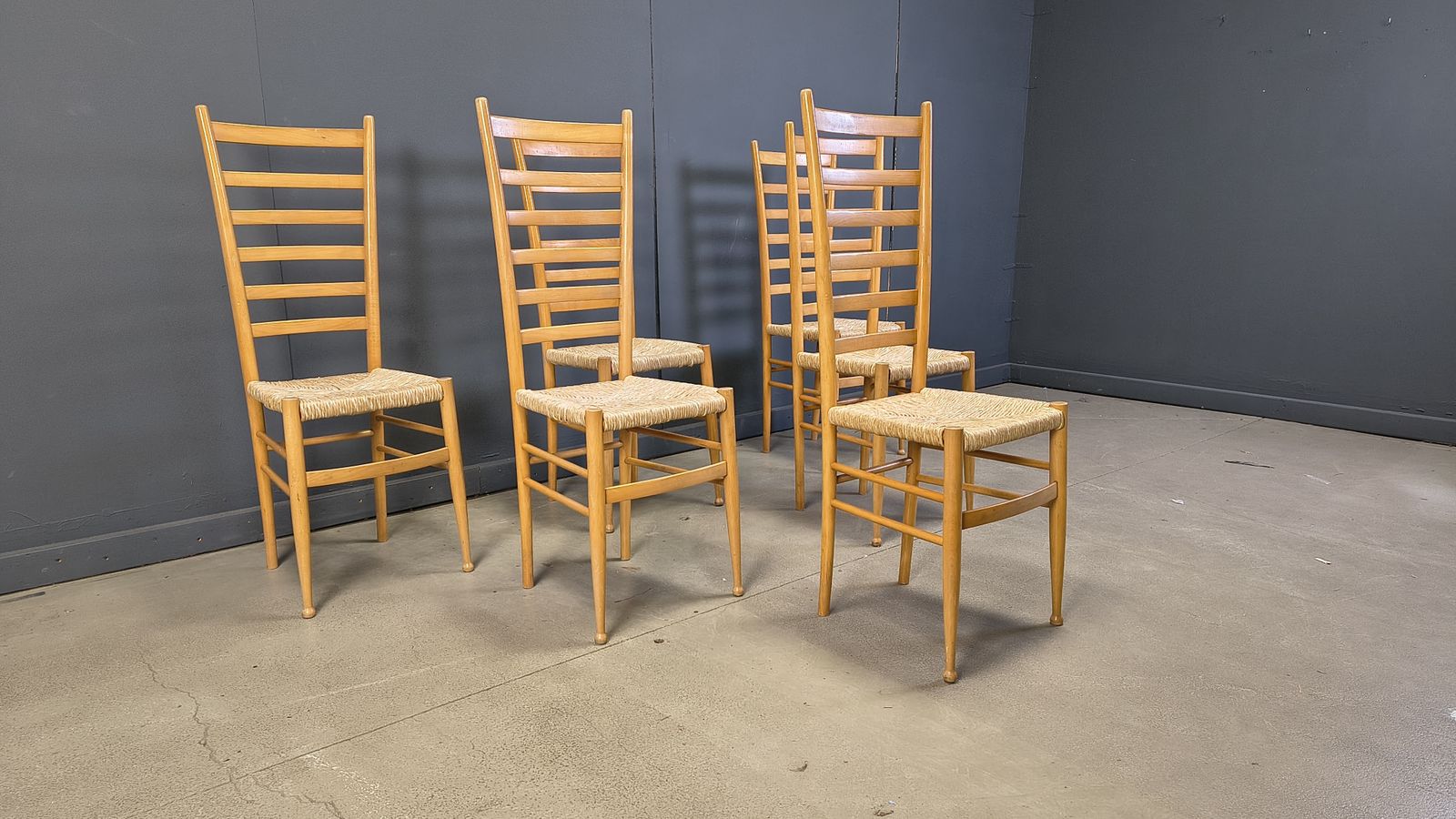 photo for sale Set Of 6 Beech Wood Italian Ladder Back Chairs, 1970s