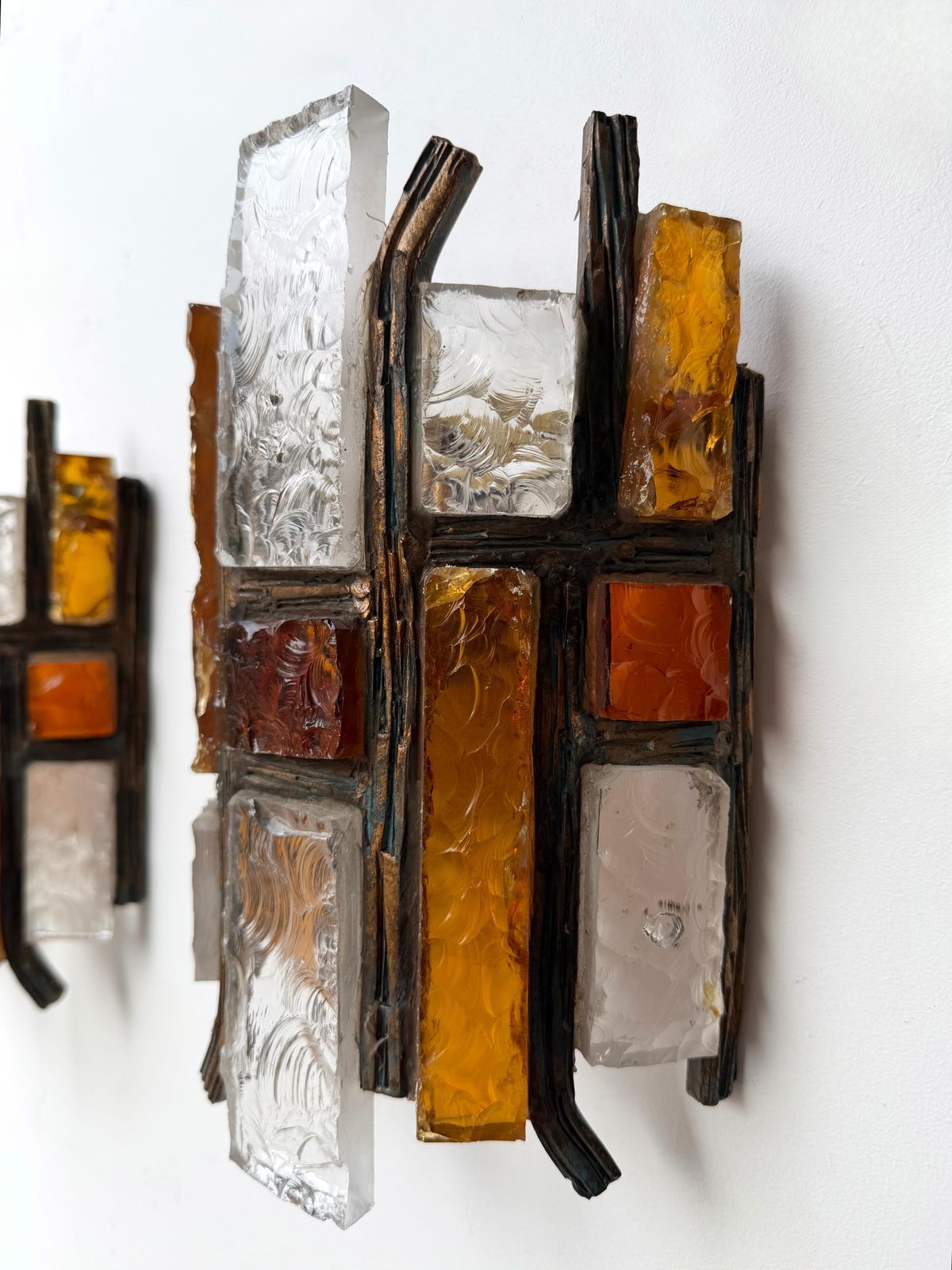 Pair Of Hammered Glass Wrought Iron Sconces By Longobard Italy 1970s photo vintage
