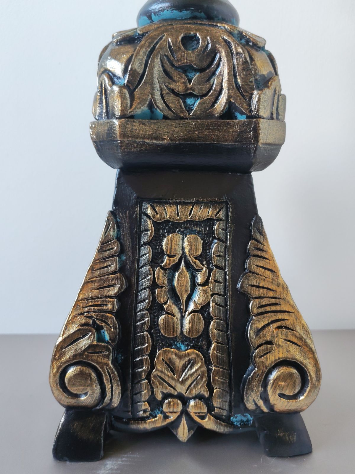 photo buy Tall 85cm Ornate Solid Wood Floor Candle Holder, Copper & Verdigris Patina, Upcycled