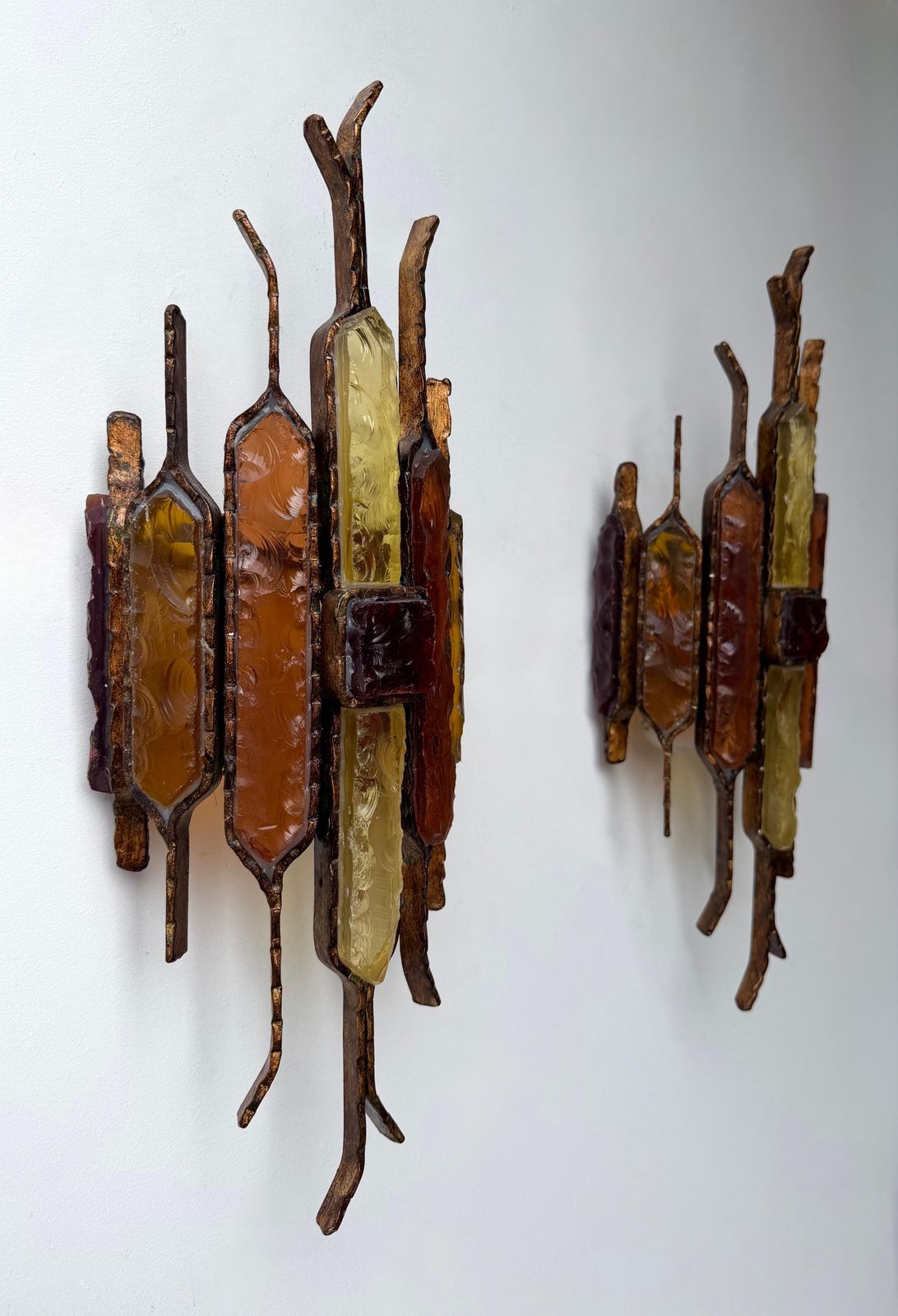 Pair Of Hammered Glass Wrought Iron Sconces By Longobard Italy 1970s photo Lighting