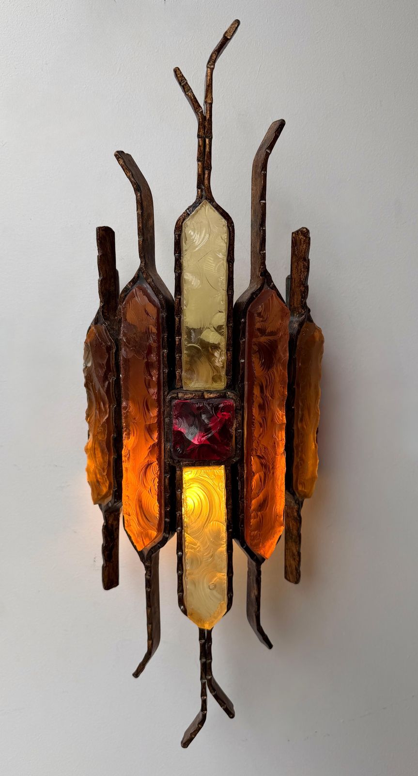 4351.0 Pair Of Hammered Glass Wrought Iron Sconces By Longobard Italy 1970s photo