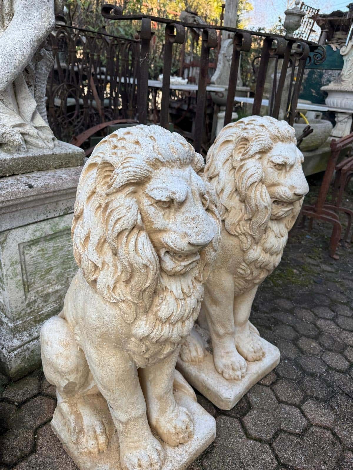 Pair Of Artificial Stone Entrance Lions, Italy photo Art