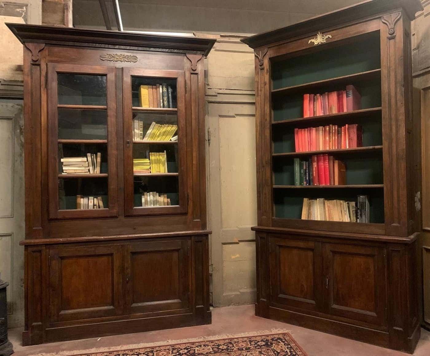 photo for sale No. 3 Elegant Walnut And Poplar Bookcases, Gilt Frieze, Italy