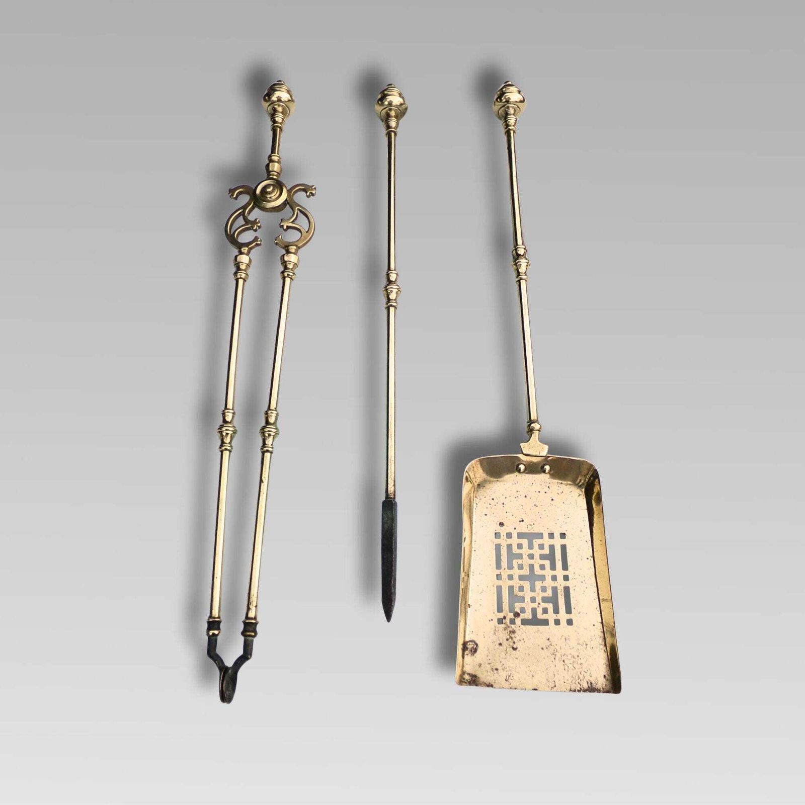 Fabulous Antique 19th Polished Brass 3 Piece Companion Set Fire Irons Tools