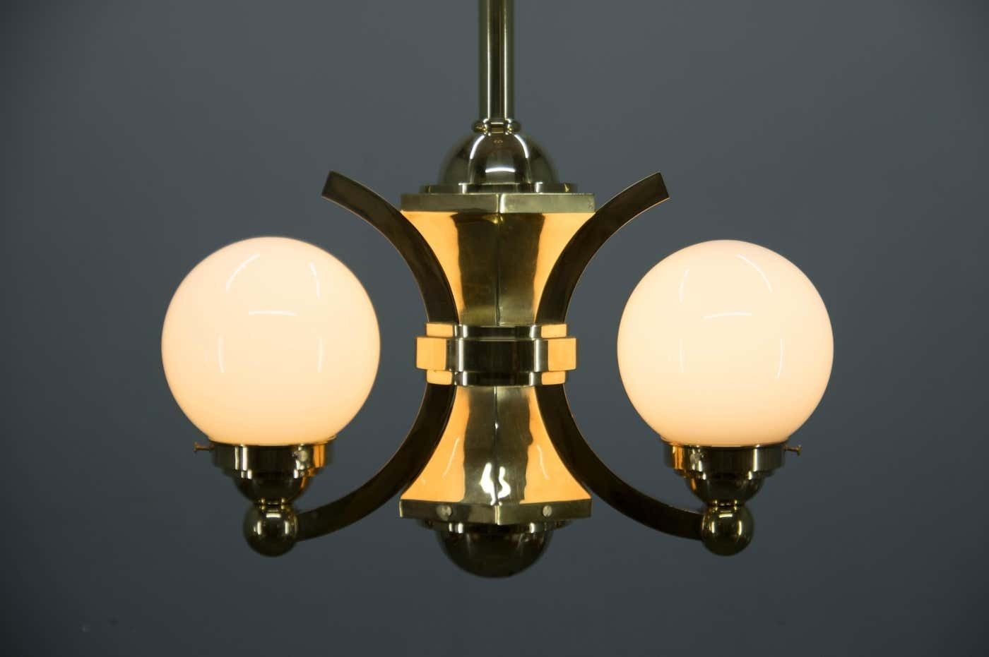 Art Deco Brass And Glass Chandelier By Gocar, 1910s, Restored photo for sale